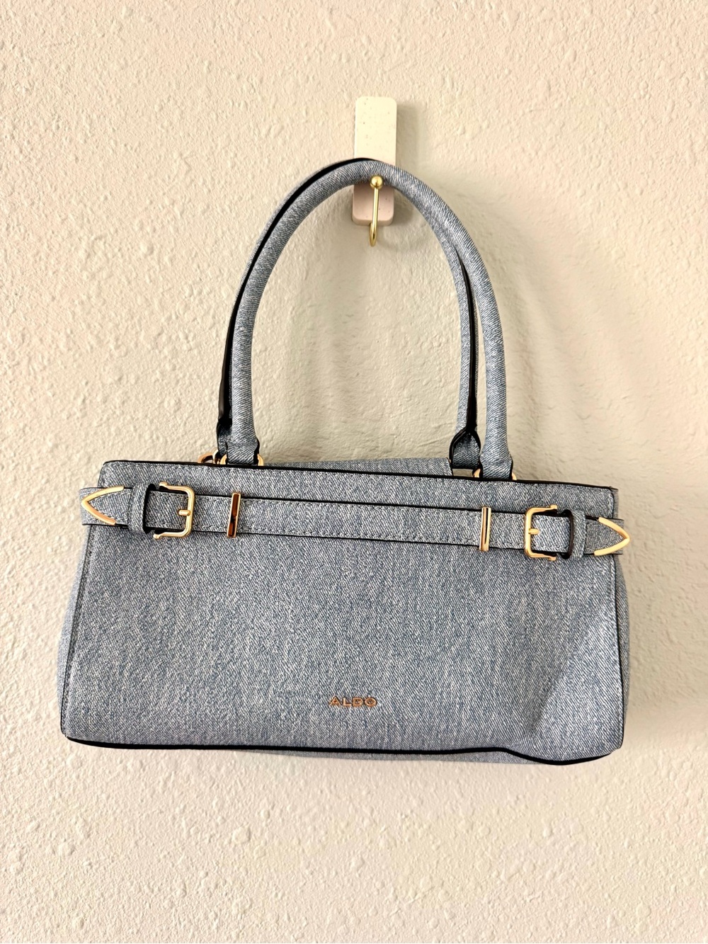 Aldo Blue Denim Look Structured Satchel with Gold Accents